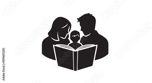 Family reading book silhouette icon for education and parenting concept