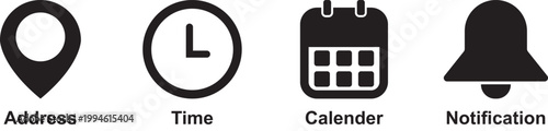 Place, Time, Date and Notification line icons. Calendar, address location pointer and alarm bell. Notice alert, business schedule and office time clock. Location place, date reminder. Vector 