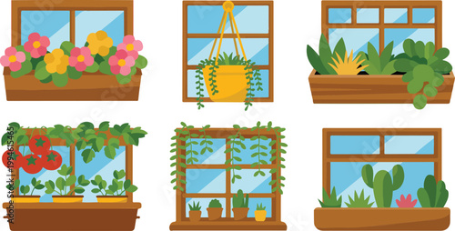 Flat cartoon illustration of window box planters with flowers succulents vegetables and cactus arranged in grid on white background