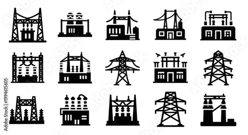 Electricity substation and power line tower icons