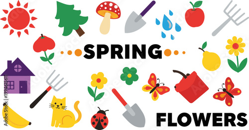 Spring Flowers and Gardening Vector Set Featuring Sun, Plants, Shovel, Cat, Ladybug, Fruits, and Seasonal Elements for Nature Designs