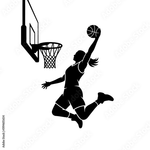 Woman basketball player dunking in silhouette style