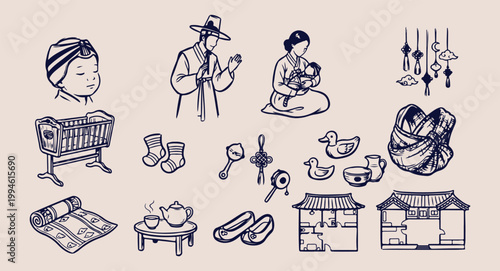 Korean traditional family culture illustration, hanbok wearing parents and baby set, joseon dynasty style lifestyle doodles, traditional nursery and infant accessories, oriental family heritage vector