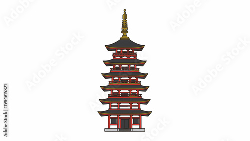 Japanese Pagoda Five-Story Temple Illustration Isolated