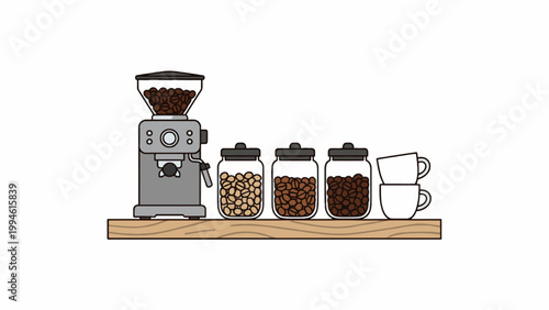 Coffee grinder machine with bean jars and cups on wooden shelf