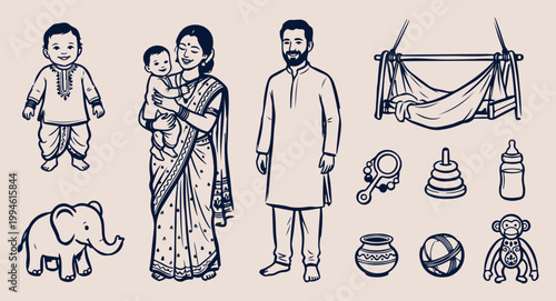 Indian couple and village heritage, traditional rural family life illustration, ethnic clothing and home lifestyle, farming community and culture doodle, south asian social life vector art, hand drawn