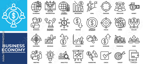 Business Economy icon set collection. Containing partners, increase, profit, report, goal, plan, strategy .Line vector icons collection