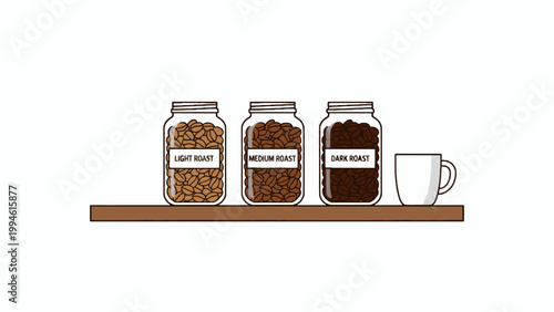 Coffee Roast Levels in Jars and White Mug on Shelf Illustration