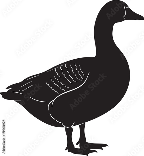Black glossy goose silhouette standing on flat surface isolated on white background black goose