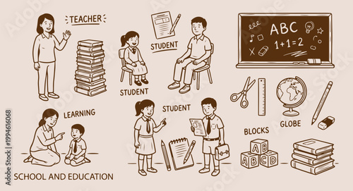 School education and student life, classroom teaching and learning illustration, kids at school desks doodle, education supplies and blackboard set, academic success and study vector, hand drawn prima