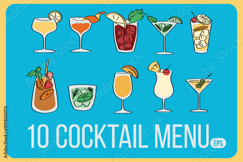 Hand Drawn Cocktail Menu Vector Set – Colorful Alcoholic Drinks Illustration for Bar & Restaurant