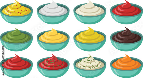 Flat cartoon illustration of assorted dipping sauces in mint green bowls arranged in rows isolated on white background