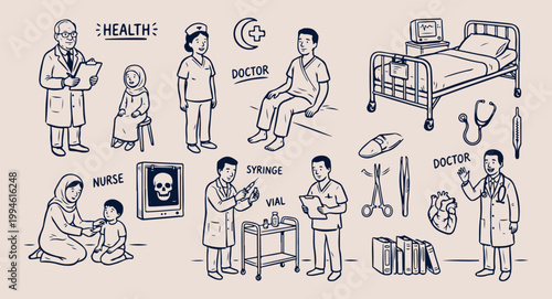 Hospital clinic and medical staff, doctor and nurse at work illustration, medical laboratory and equipment doodle, patient care and healthcare vector, clinic interior and diagnostics set, hand drawn m