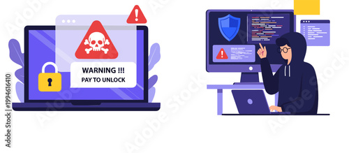 Ransomware Cyber Attack Vector Illustration with Locked Laptop Warning Message, Hacker Coding, Data Breach, Malware Threat and Cybersecurity Protection Concept Design