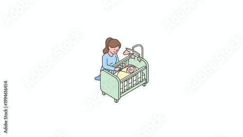 Mother Tending Swaddled Baby in Green Crib Isometric Illustration