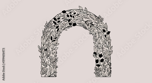 Hand-drawn floral archway with leaves and berries, elegant garden entrance illustration