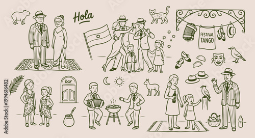 Argentina culture and tango dance, traditional latin american folk art, argentina flag and national symbols, south american lifestyle and street, gaucho and cultural heritage illustration, hand drawn 