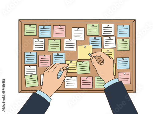 Hands pinning sticky notes on office corkboard illustration