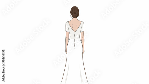 Back view illustration of bride wearing white lace wedding dress
