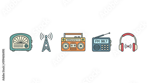 Retro Radio Broadcasting Equipment Icon Set on White Background
