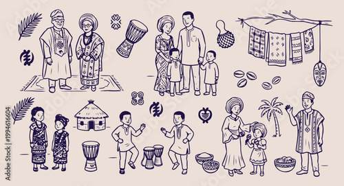 African heritage and village life, traditional african culture and people, tribal drums and ethnic music, rural life and community illustration, african cultural symbols and art, hand drawn ethnic lif