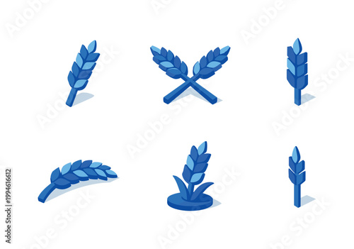 Blue 3D wheat and barley ear icon set in multiple positions, including crossed stems and sprouting grain, isolated on a clean white background