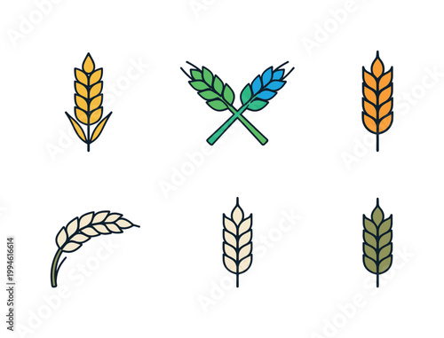 Minimal flat vector set of colorful cereal grain ears and wheat icons, isolated botanical agriculture symbols for harvest, farming, and food design