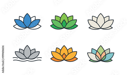 Collection of minimalist lotus flower icons in blue, green, white, gray, orange, and multicolor variations, isolated on a clean background
