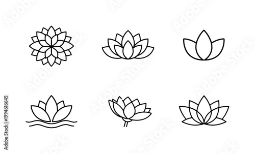 Minimal black line lotus flower icon set with six stylized blooms and water ripples, simple floral outlines for logo, yoga, spa, and decor