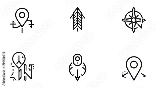 Navigational Icons: Set of detailed, vector-based navigational icons for location, direction, and wayfinding. Perfect for user interface elements, maps, and travel-related designs.