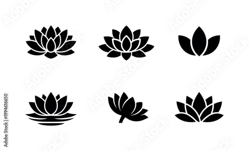 Set of black lotus flower silhouettes in various stylized shapes, minimalist botanical icons arranged in a grid on a clean white background