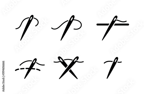 Vector icon set of sewing needle and thread stitches showing basic hand-sewing techniques, including running stitch, backstitch, and cross stitch silhouettes