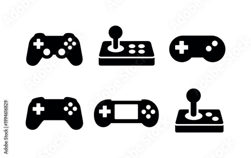 Set of black video game controller icons including gamepads, joystick arcade sticks, and handheld controls in simple silhouette style on white background