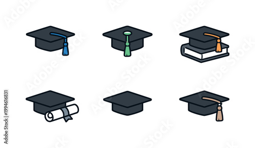Set of graduation mortarboard caps with colorful tassels and diploma, simple education icons illustrating academic achievement and completion