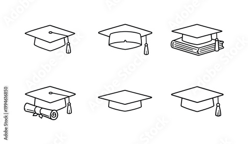 Minimal line art set of graduation mortarboard caps with tassels, diploma scroll, and stacked books representing education and academic achievement
