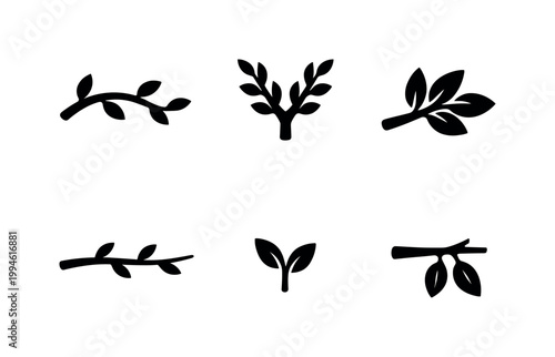 Minimal black leaf and branch silhouette icons set, simple botanical sprig shapes for decorative design, logos, patterns, and nature-themed graphics