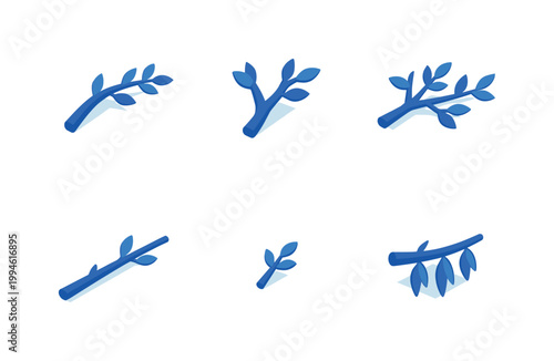 Set of blue stylized branch and leaf icons in minimal 3D illustration style, isolated on white background for nature-themed design elements
