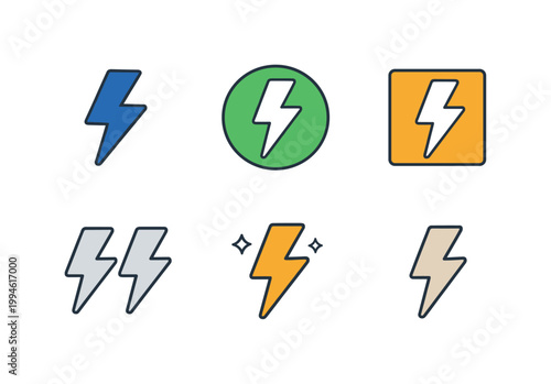 Set of colorful lightning bolt icons with blue, green, yellow, and gray variations, including circular and square badges on a clean white background