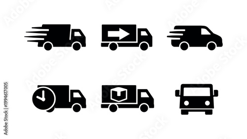 Set of black delivery vehicle icons showing fast shipping vans, cargo trucks, tracking clock, package transport, and front-view lorry symbols on white