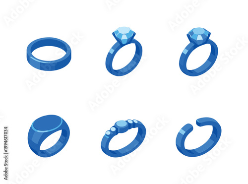 Set of blue gemstone ring icons in isometric style, featuring wedding bands and engagement rings in multiple designs on a white background