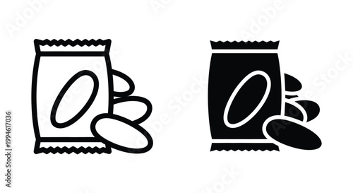 Set of minimalist snack bag and chip icons in outline and solid black styles for food packaging design, retail branding, and grocery store interface elements.