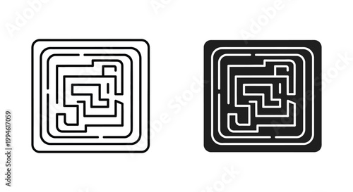 Set of minimalist square maze and labyrinth icons representing complex problem solving, strategic decision making, and finding the right path in business and logic.