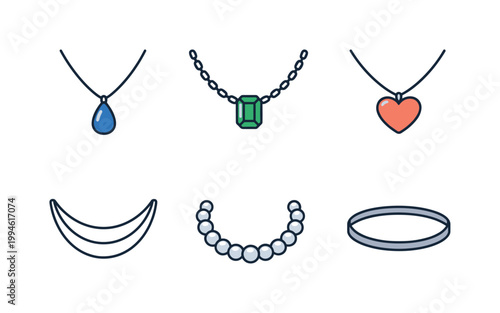 Minimal line art set of necklaces and bracelets with gemstone and heart pendants, beads and chain jewelry icons in simple flat style