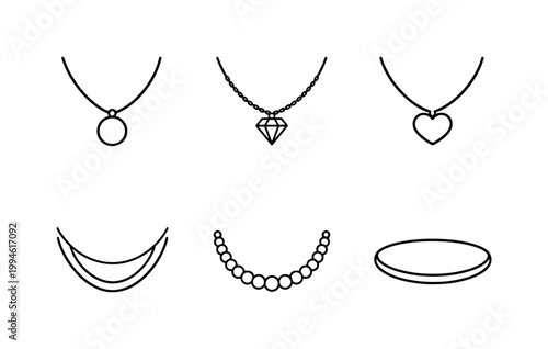 Minimal black line jewelry collection icons showing necklace pendants, heart charm, diamond pendant, crescent collar, bead strand, and bangle bracelet set