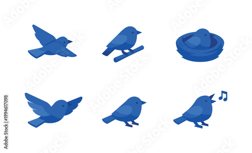 Set of blue bird vector icons showing flying, perching, walking, singing with music notes, and a bird resting in a nest on a white background