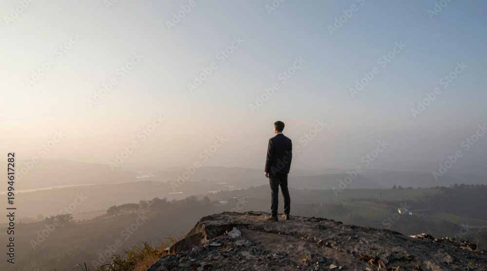 Obraz premium Man in Suit Standing on Cliff Overlooking Scenic Landscape Horizon