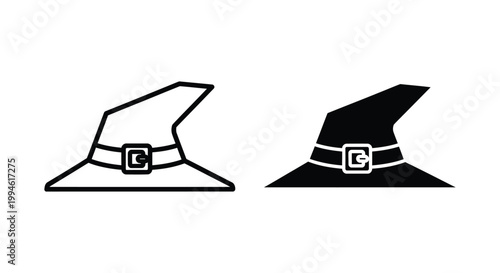 Minimalist witch hat icons in outline and solid silhouette styles with buckle details for Halloween party invitations, magical branding, and spooky graphic design elements.