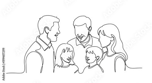 Family portrait drawing, continuous line art, happy people generation