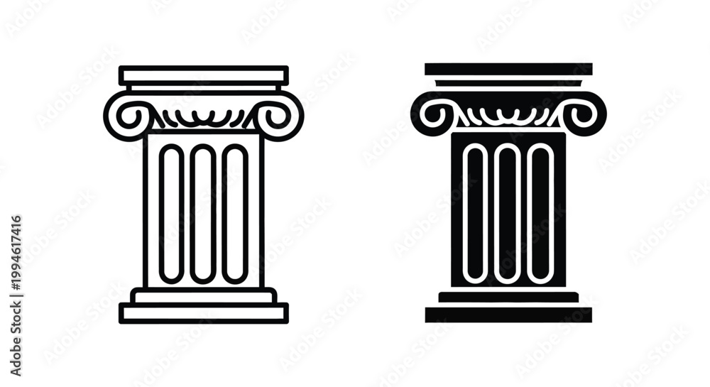 Fototapeta premium Minimalist Ionic column icons in outline and solid black styles representing classical architecture, law, justice, and academic excellence for professional design projects.