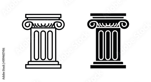 Minimalist Ionic column icons in outline and solid black styles representing classical architecture, law, justice, and academic excellence for professional design projects.